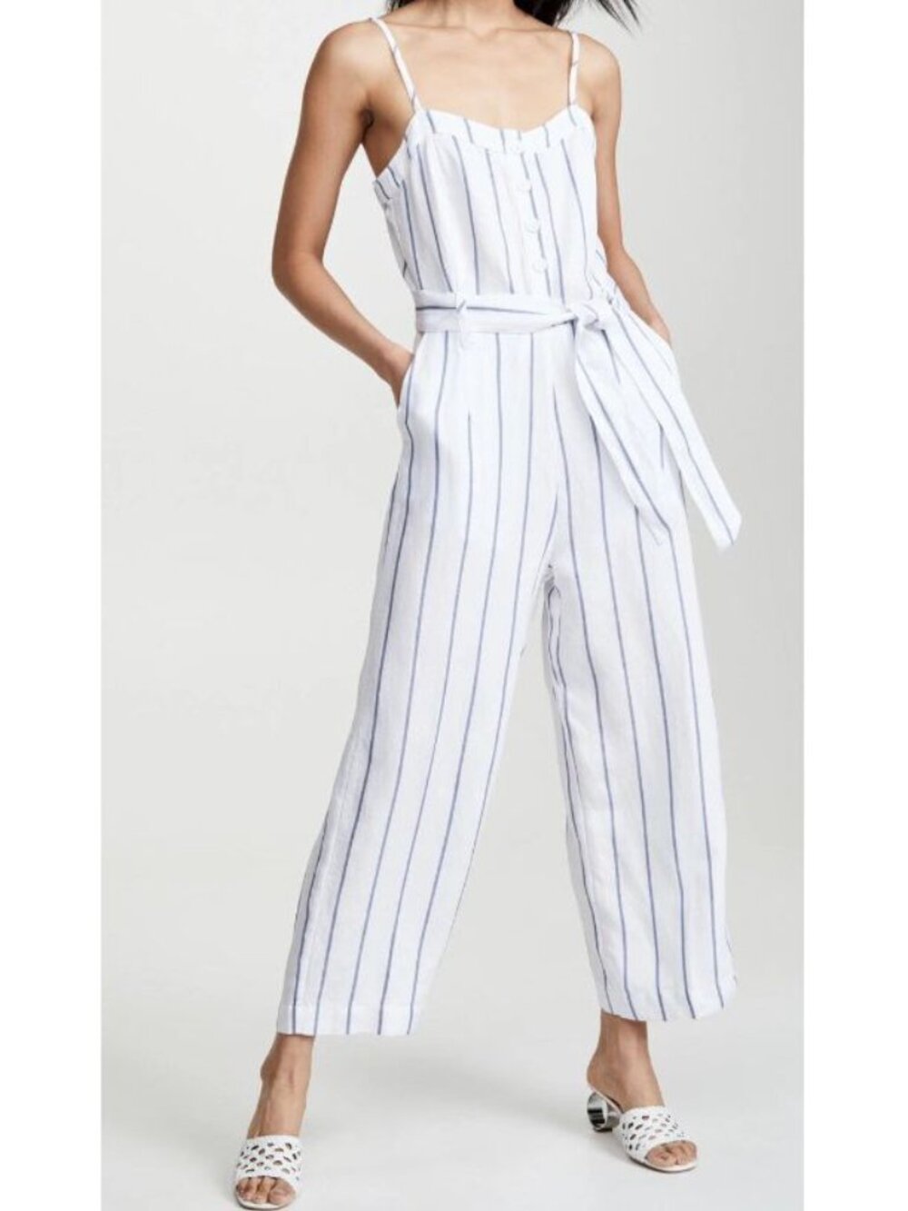 RAILS Harper Jumpsuit Spaghetti Strap Belted Linen Blend Striped Pattern Size L